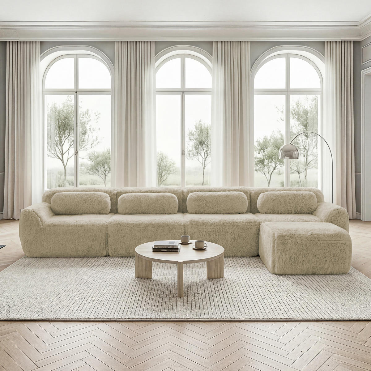 4-SITZER ECKSOFA Plüsch Hellkhaki mit Kissen - Beige, Textil (378/179cm) - WISHDOR
