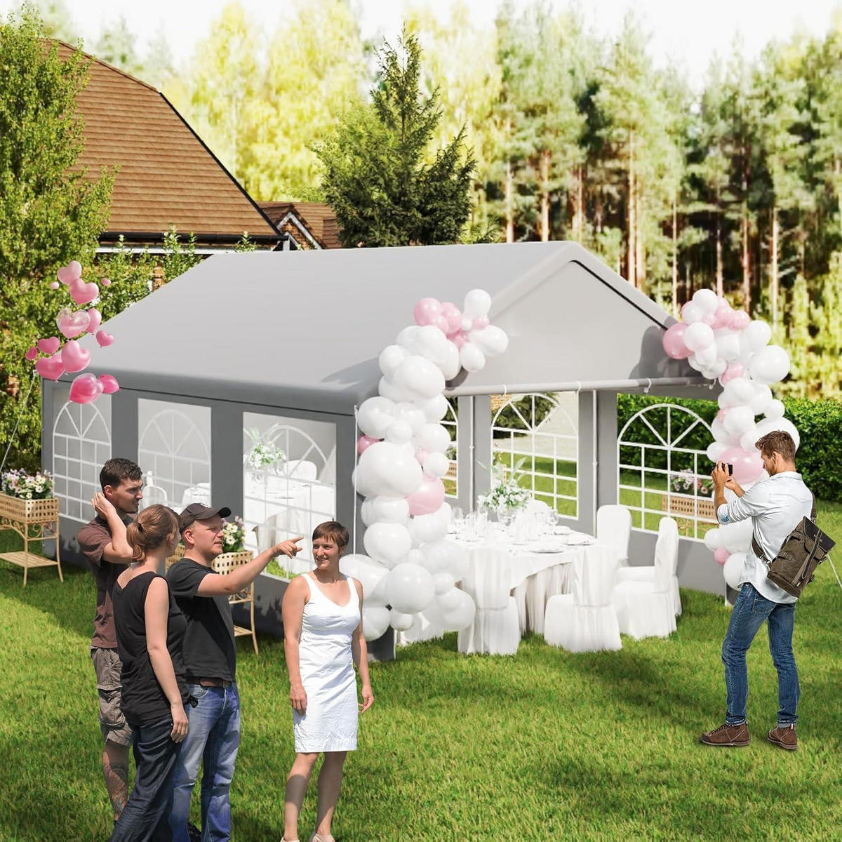 GARTENZELT 4 x 6 m Grau mit 4 Seitenwänden - Grau, Textil (400/223/600cm)