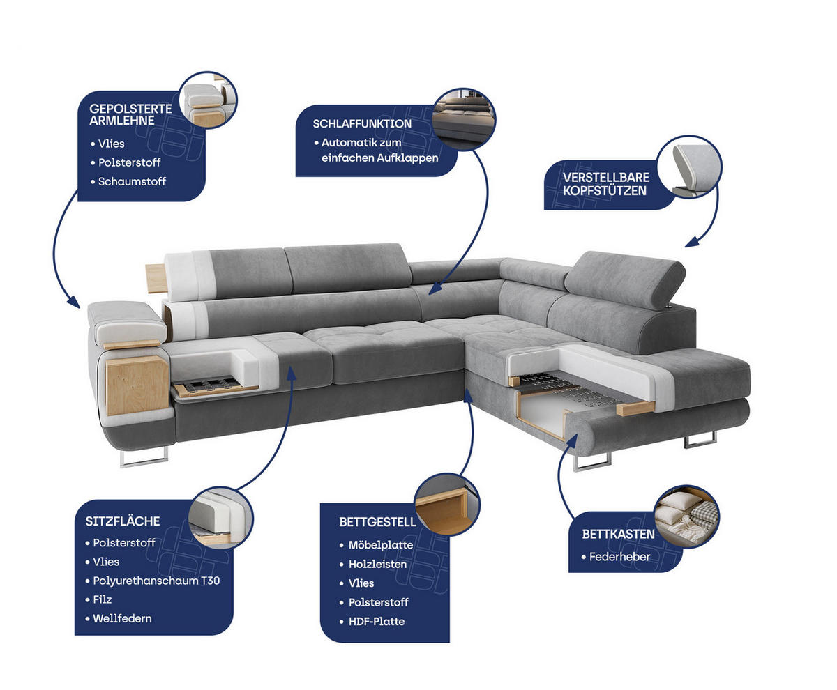 ECKSOFA SELVA R-S Beige Velours-Stoff mit Schlaffunktion - Beige, Holz (275/202cm) - MASSENO