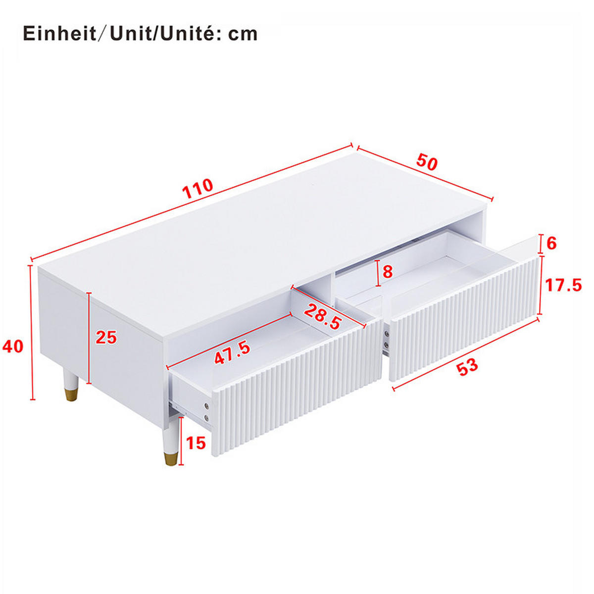 MODERNES LED-Möbelset, Couchtisch und TV-Schrank in Weiß 110/50/40 cm & 178/35/45 cm - Weiß, Holzwerkstoff (178/45/90cm) - Redom