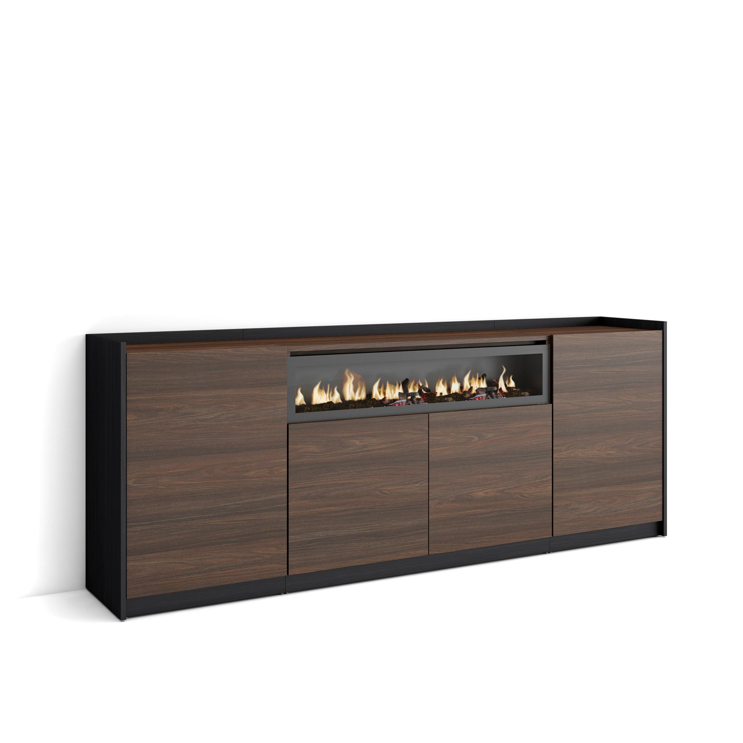 SIDEBOARD, Dunkler Eiche und Schwarz, Elektrokamin, 207/37/80cm - Dunkelbraun, Holzwerkstoff (207/80/37cm) - Skraut Home