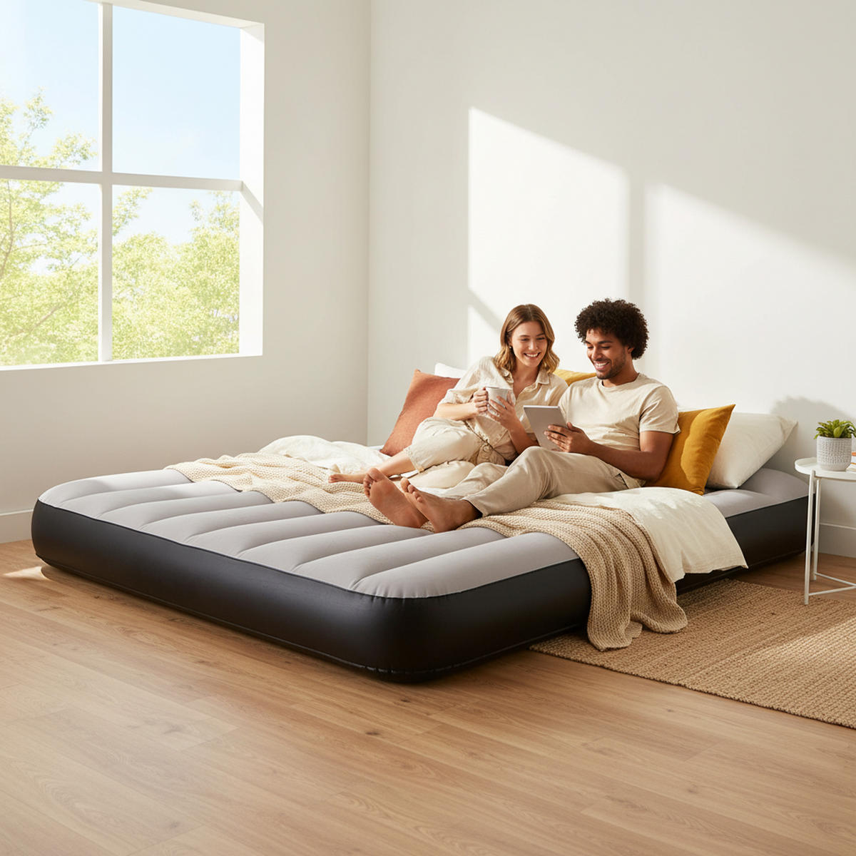 LUFTBETT Luftmatraze selbstaufblasend 203 x 152 x 30 cm mit integrierter Pumpe - Schwarz/Grau, Kunststoff (152/203cm) - Avenli