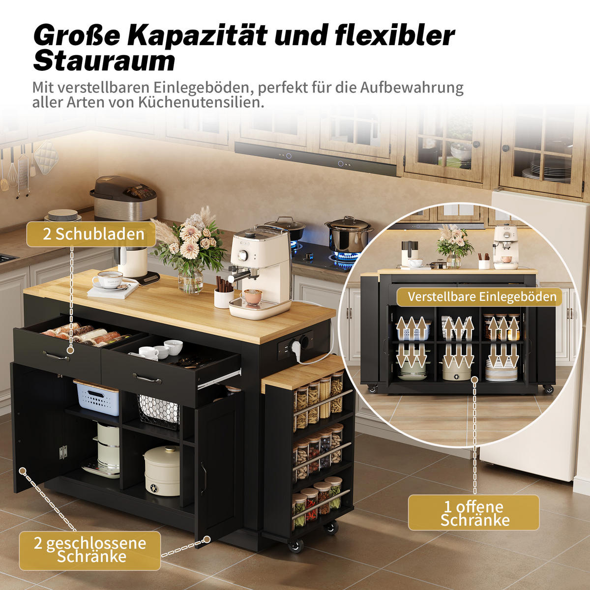 KÜCHENINSEL 142/55/93 cm schwarz aus MDF mit Ausziehplatten - Schwarz, Holzwerkstoff (142/93/55cm) - OKWISH