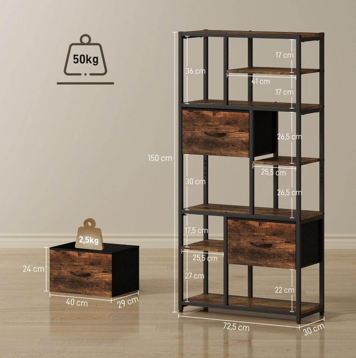 STANDREGAL 30/72,5/150 cm mit 2 Stoffschubladen und 9 offenen Fächern in Holzoptik, Braun - Braun, Holzwerkstoff (72.5/150/30cm) - Redom