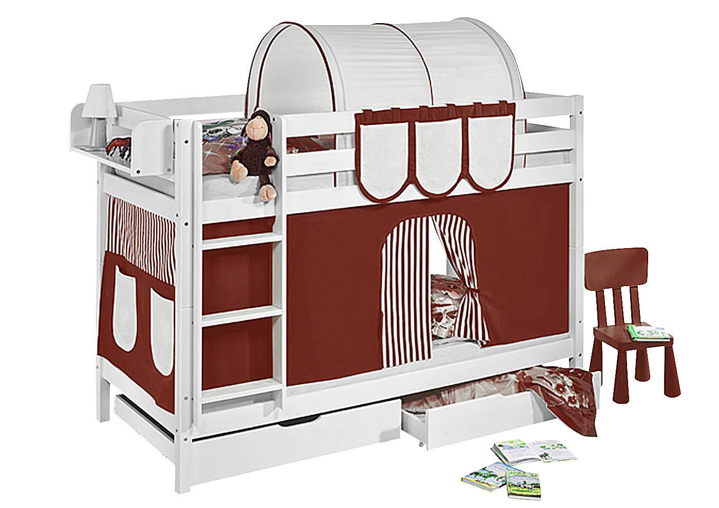 ETAGENBETT JELLE 90x190 cm braun beige gestreift - Hochbett - inkl. Vorhang und 2 Lattenrosten - Weiß, Holz - Lilokids