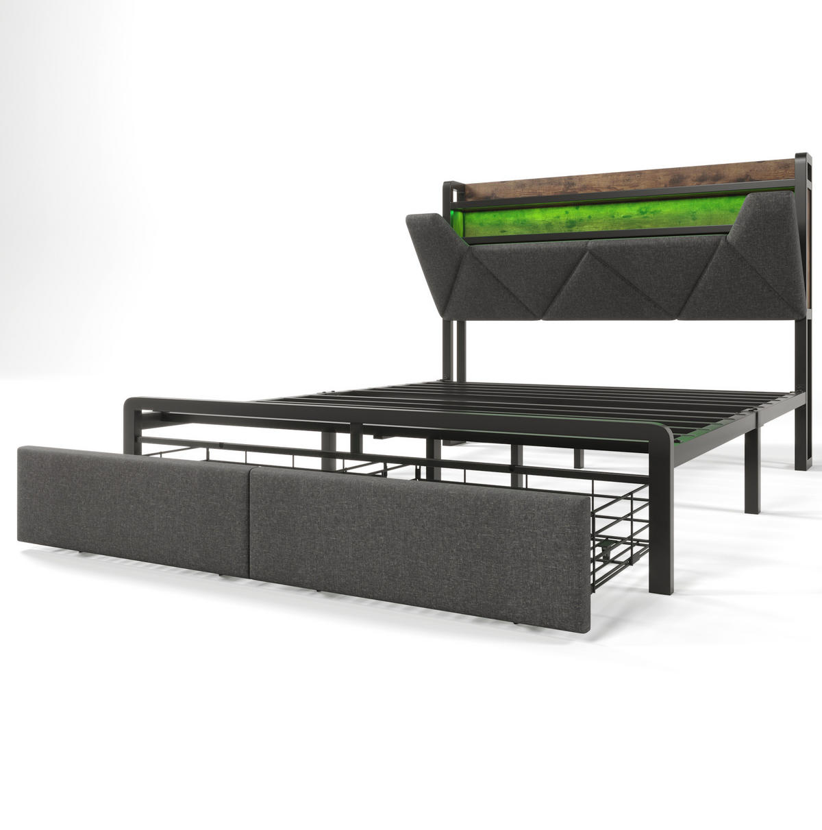 BETT aus Leinen 140x200 cm Grau mit LED, USB-C, Stauraum-Kopfteil und 2 Schubladen - Grau, Textil (140/200cm) - Modfu