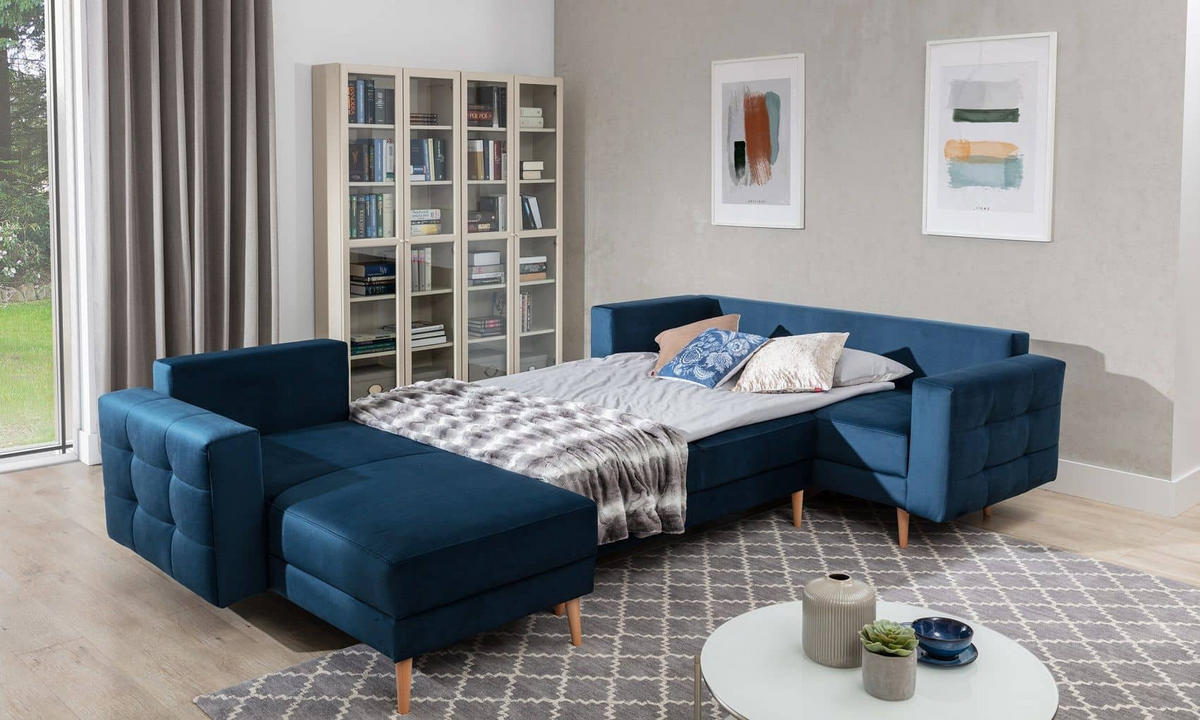 WOHNLANDSCHAFT mit Schlaffunktion, beidseitig montierbar - Blau/Pinienfarben, Holz/Textil (326/92/202cm) - Eltap