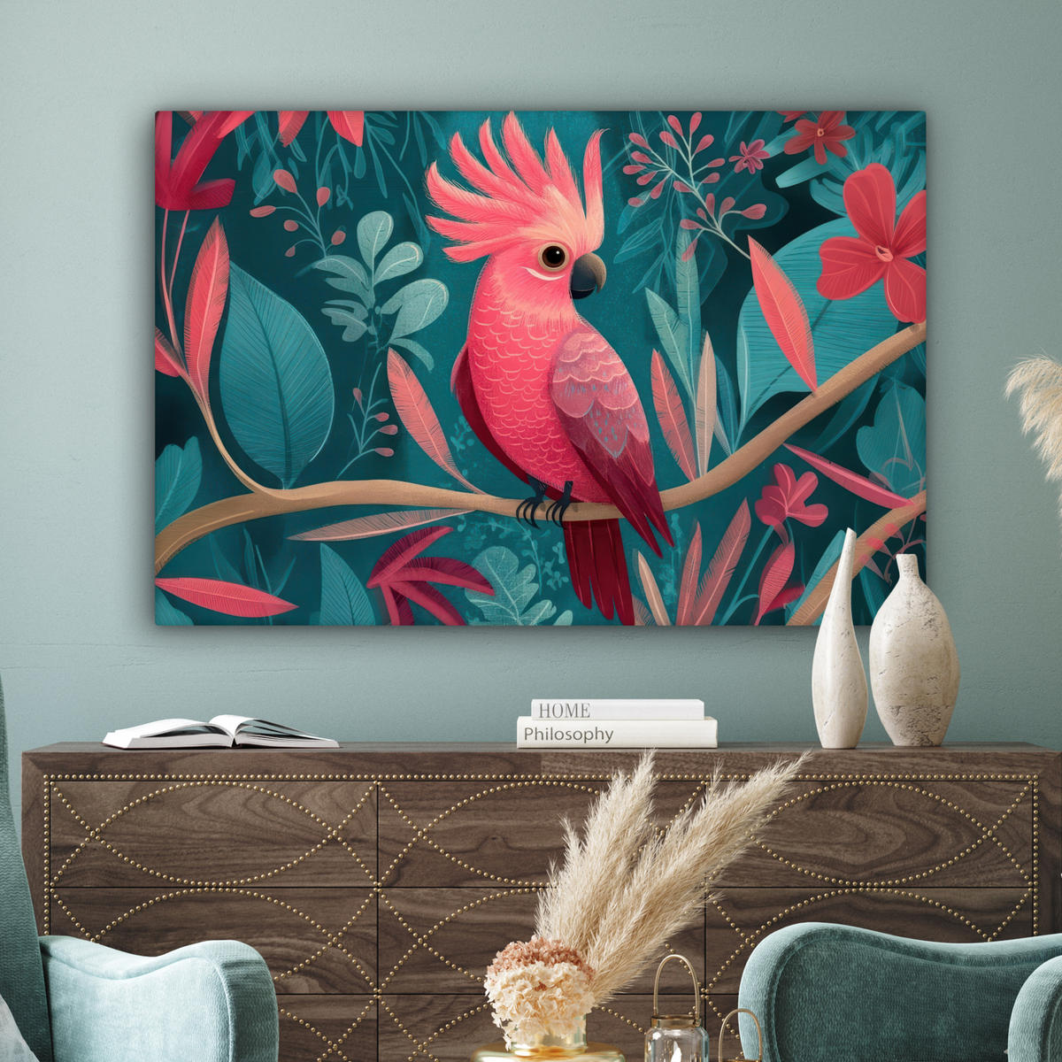 LEINWANDBILD Kakadu - Tropische Blätter - Zweig XXL 150x100 cm - Petrol, Textil (150/100cm) - MuchoWow