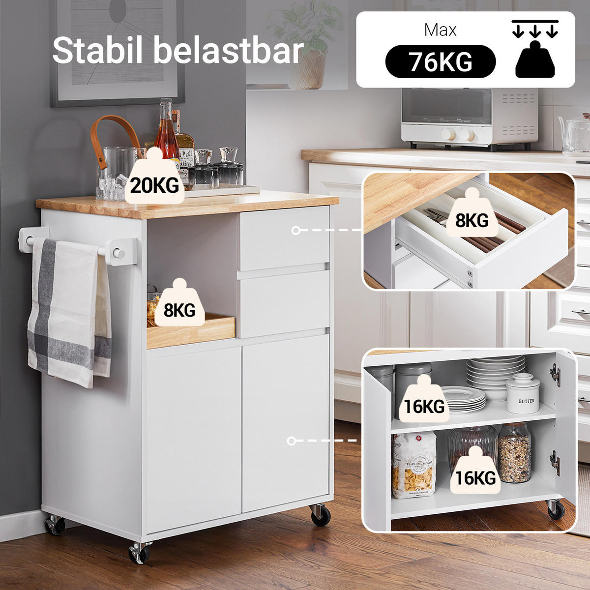KÜCHENWAGEN weiß mit Bremsrollen, 72 x 84 x 40 cm, Arbeitsplatte, Tablett, 2 Schubladen, Handtuchhalter, bis 77 kg - Weiß/Naturfarben, Holz/Holzwerkstoff (72/84/40cm) - SoBuy