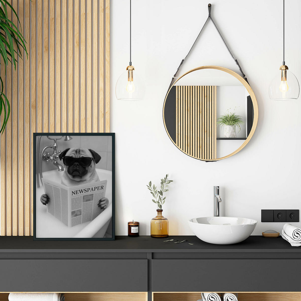 POSTER Badezimmer WC Mops Badewanne Zeitung Abstraktion 30x40cm - Schwarz/Weiß, Papier (30/40/1cm) - Muralo