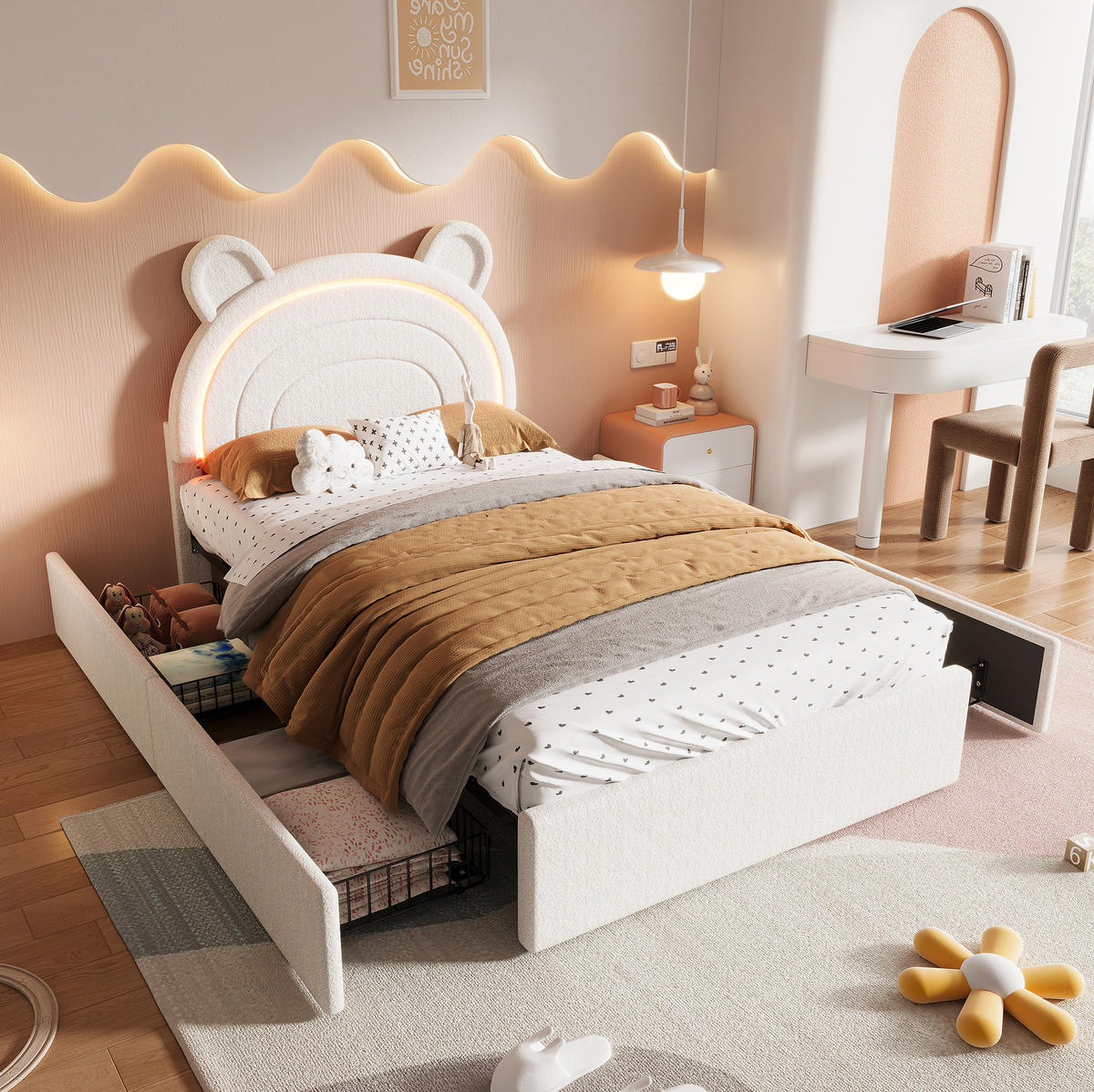 KINDER-POLSTERBETT aus Samt 90x200 cm Beige mit Bären-Kopfteil, 4 Schubladen und App-LED-Beleuchtung - Beige, Textil (90/200cm) - Modfu