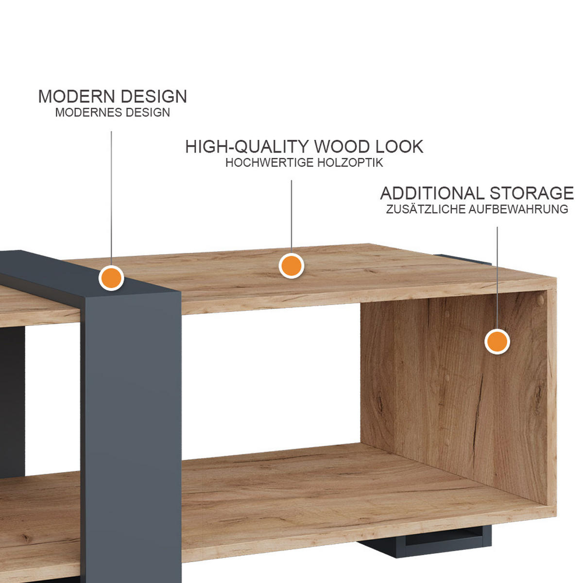 COUCHTISCH Aven Anthrazit/Goldkraft Eiche 91.5 x 52 cm - Honigeiche/Anthrazit, Holzwerkstoff (52/91.5/42.1cm) - Vicco
