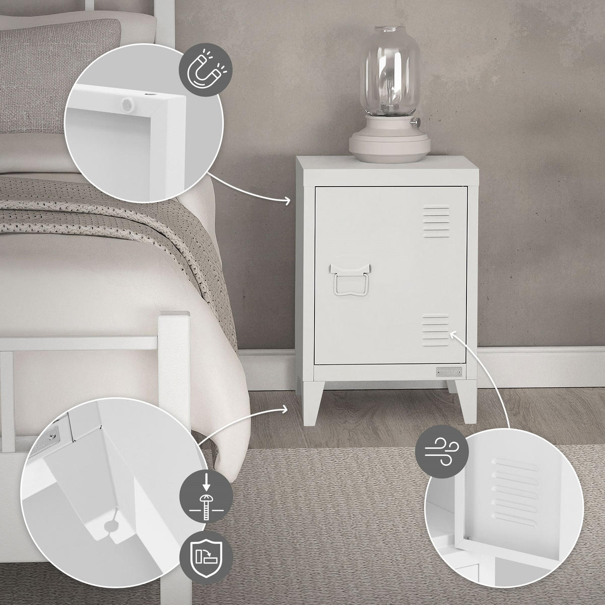 NACHTTISCH Weiß 40x30x58 cm aus Stahl - Weiß, Metall (40/58/30cm) - ML-DESIGN