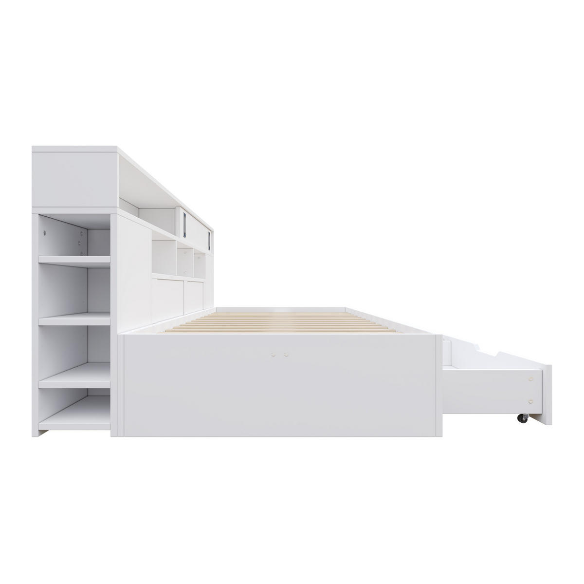 DETSKÁ posteľ 140/190 cm biela z MDF s úložnými zásuvkami policami a skriňou - biela, kompozitné drevo (140/190cm) - OKWISH