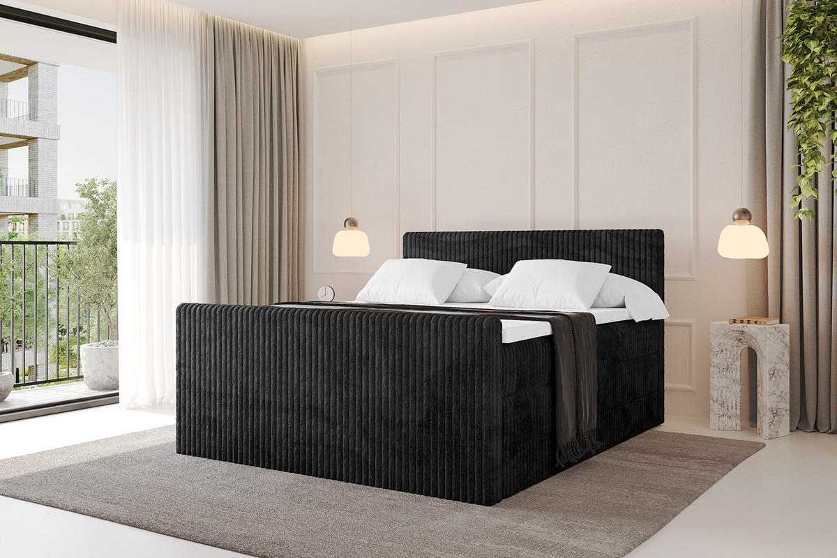 BOXSPRINGBETT mit Matratze H3|H4 und Lattenrost - TOLO-Z KING 200x200 Cord - Schwarz - Schwarz, Holzwerkstoff (200/200cm) - ALTDECOR