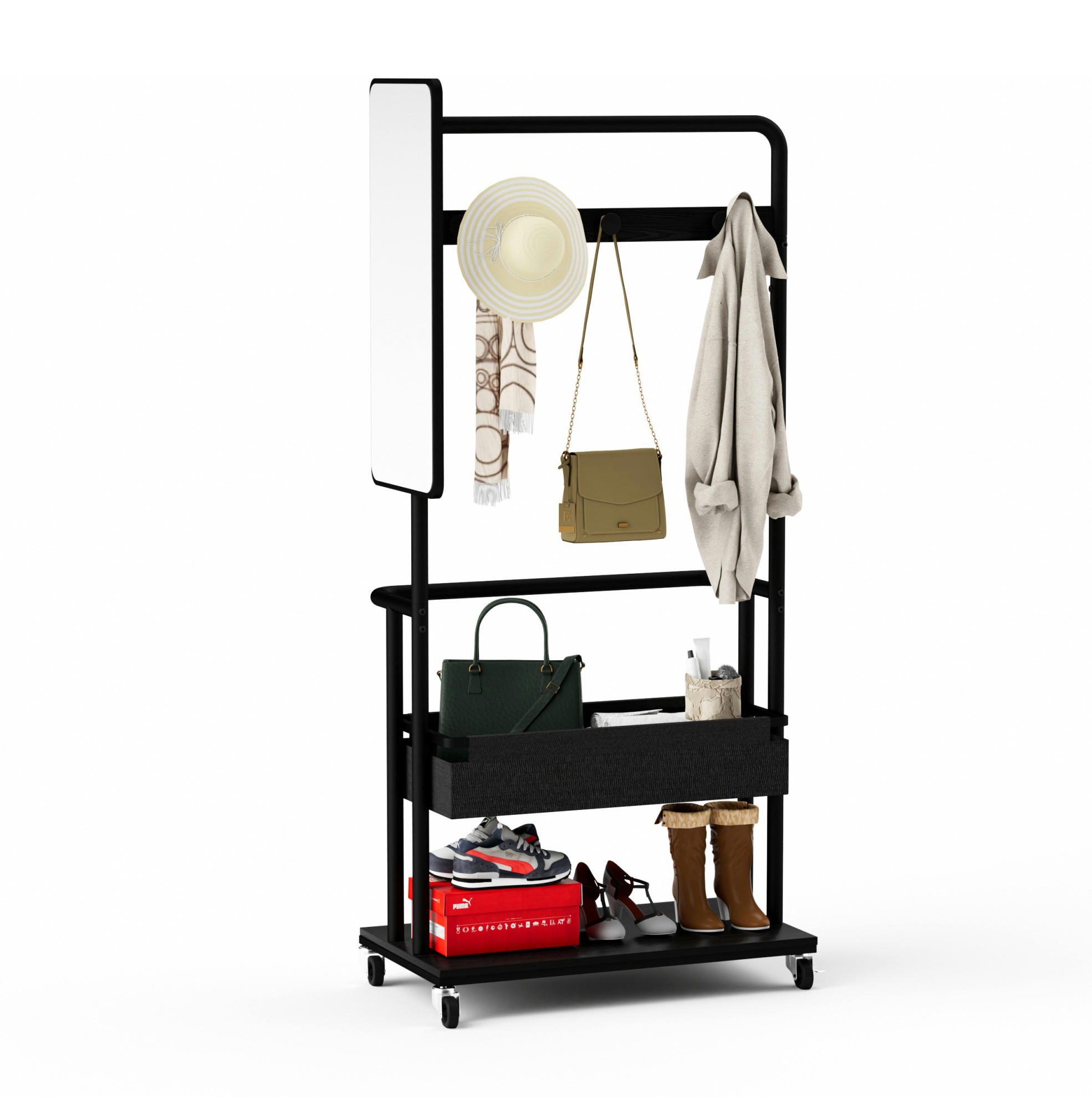 GARDEROBE Schwarz aus Stahl und Holzwerkstoff mit Rollen - Schwarz, Holzwerkstoff (40/170/70cm) - OKMYHOME