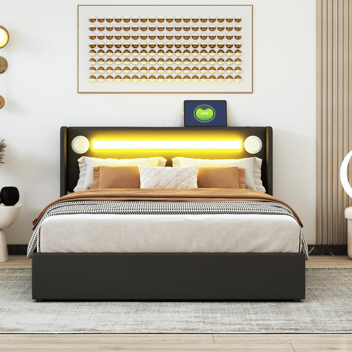 ČALÚNENÁ posteľ z PU kože 140x200 cm čierna s LED, Bluetooth, USB a úložným priestorom - čierna, plast (140/200cm) - Modfu