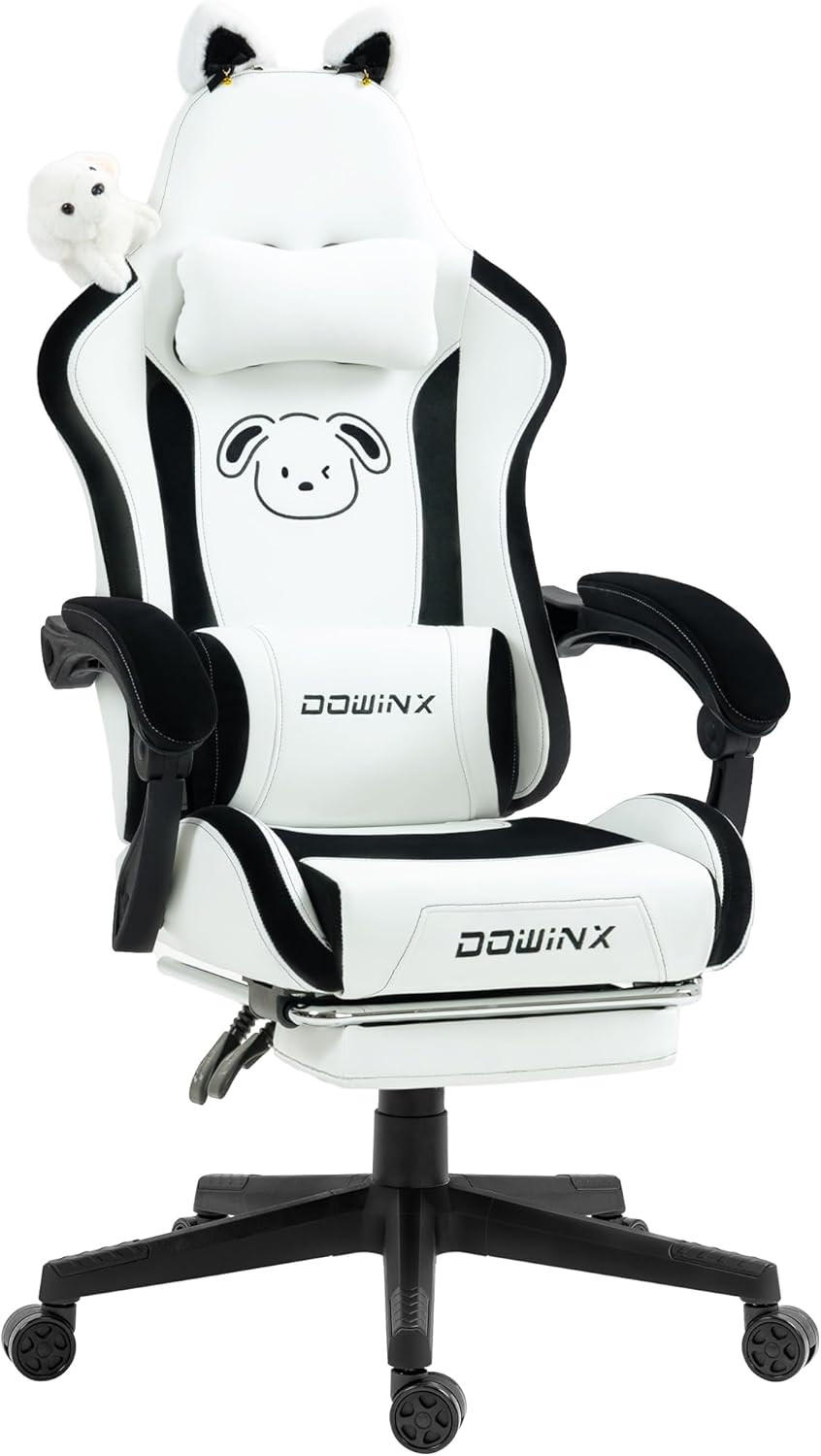 GAMING Stuhl & Lendenwirbelstütze/Hoher Rückenlehne/Fußstütze PU-Leder - Weiß, Leder (72/118/72cm)