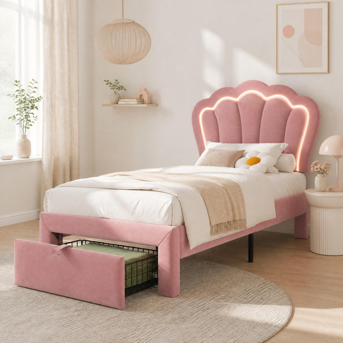 KINDERBETT 90/190 mit LED, Schublade und verstellbarem Kopfteil in Rosa - Schwarz/Rosa, Holzwerkstoff/Textil (90/190cm) - EVRYAE