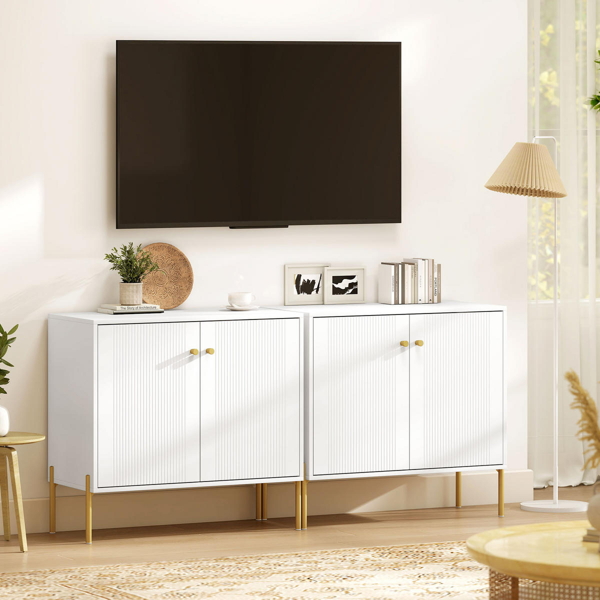 SIDEBOARD DE-11242 1 gerillte Doppeltür Weiß - Weiß, Holzwerkstoff (80/76/39.1cm) - ComfortXL