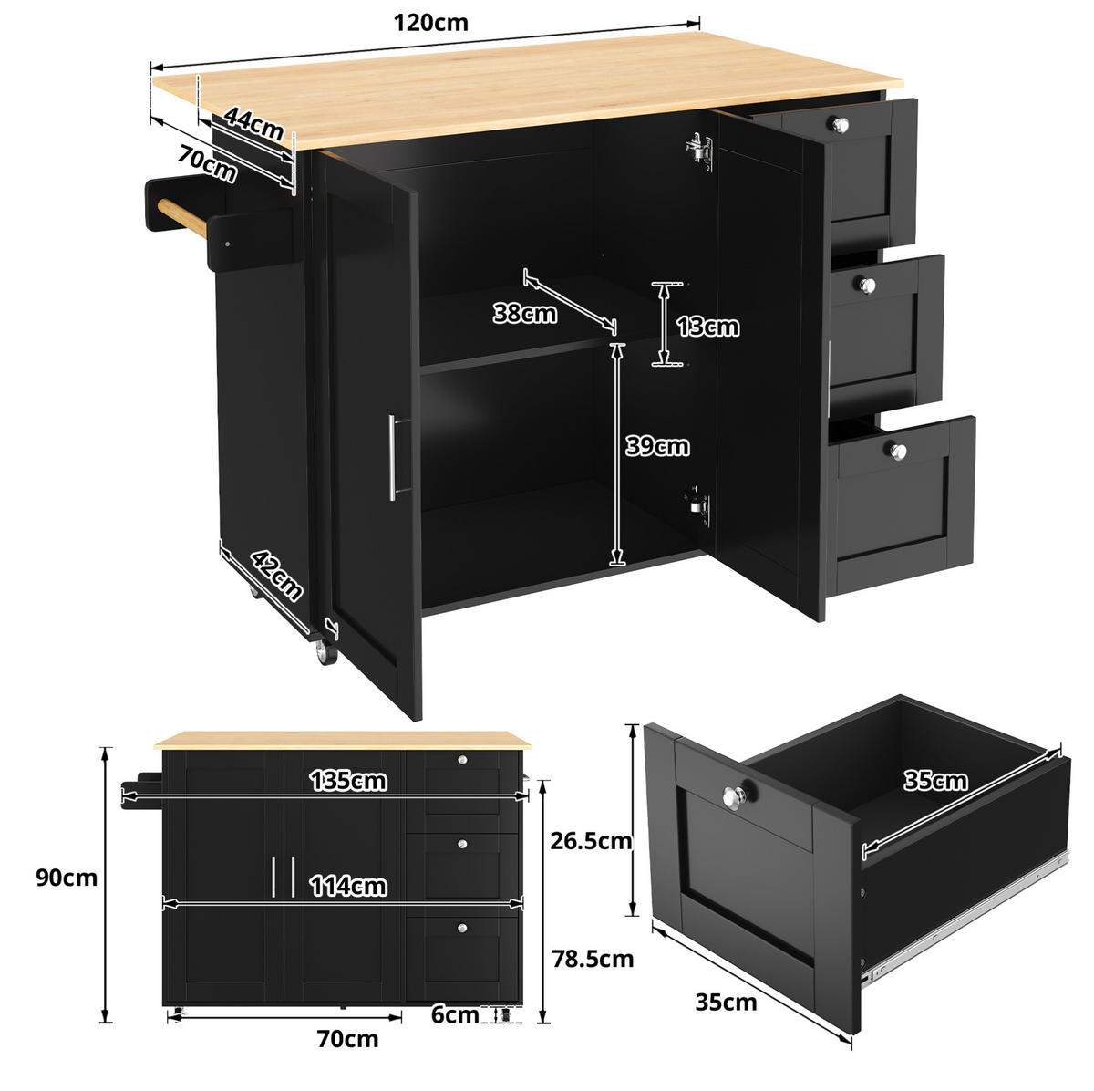 KÜCHENINSEL 135/90/44(70) cm Schwarz/Natur aus MDF mit klappbarer Arbeitsplatte - Schwarz, Holzwerkstoff (44/90/135cm) - OKMYHOME