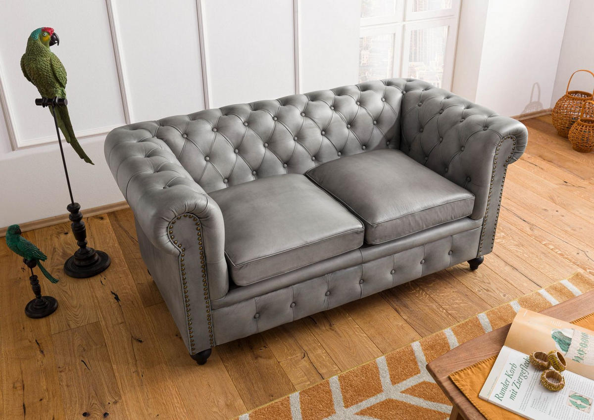 SOFA 2-Sitzer Echtleder 158x82x75 grau CHESTERFIELD #202 - Grau, Leder (162/75/82cm) - Massivmoebel24