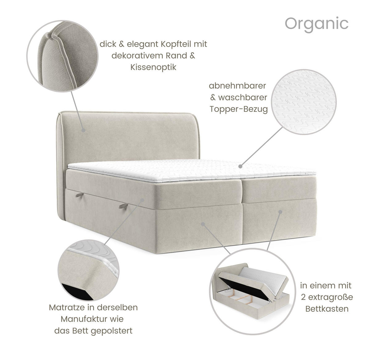 BOXBETT Organic Hellbeige 200/200 cm mit Bonellmatratze und Topper - Beige/Schwarz, Holz/Holzwerkstoff (200/200cm) - Maison de Reve