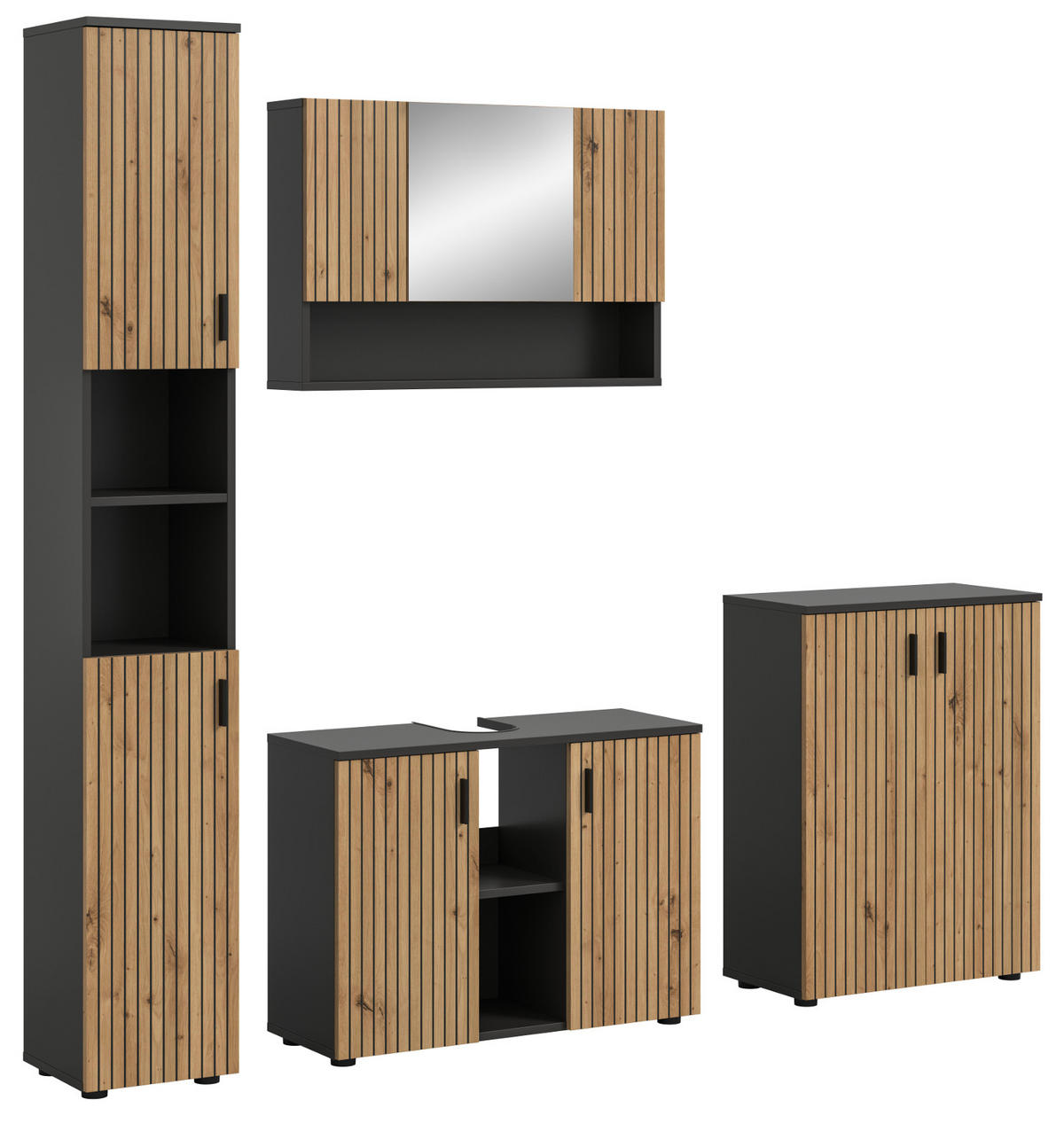 BADMÖBEL-SET Eiche Artisan, grau 4-teilig 200 cm, Badkombination mit viel Stauraum - Schwarz/Eiche Artisan, Glas/Holzwerkstoff (200/192/30cm) - Inn.Furn