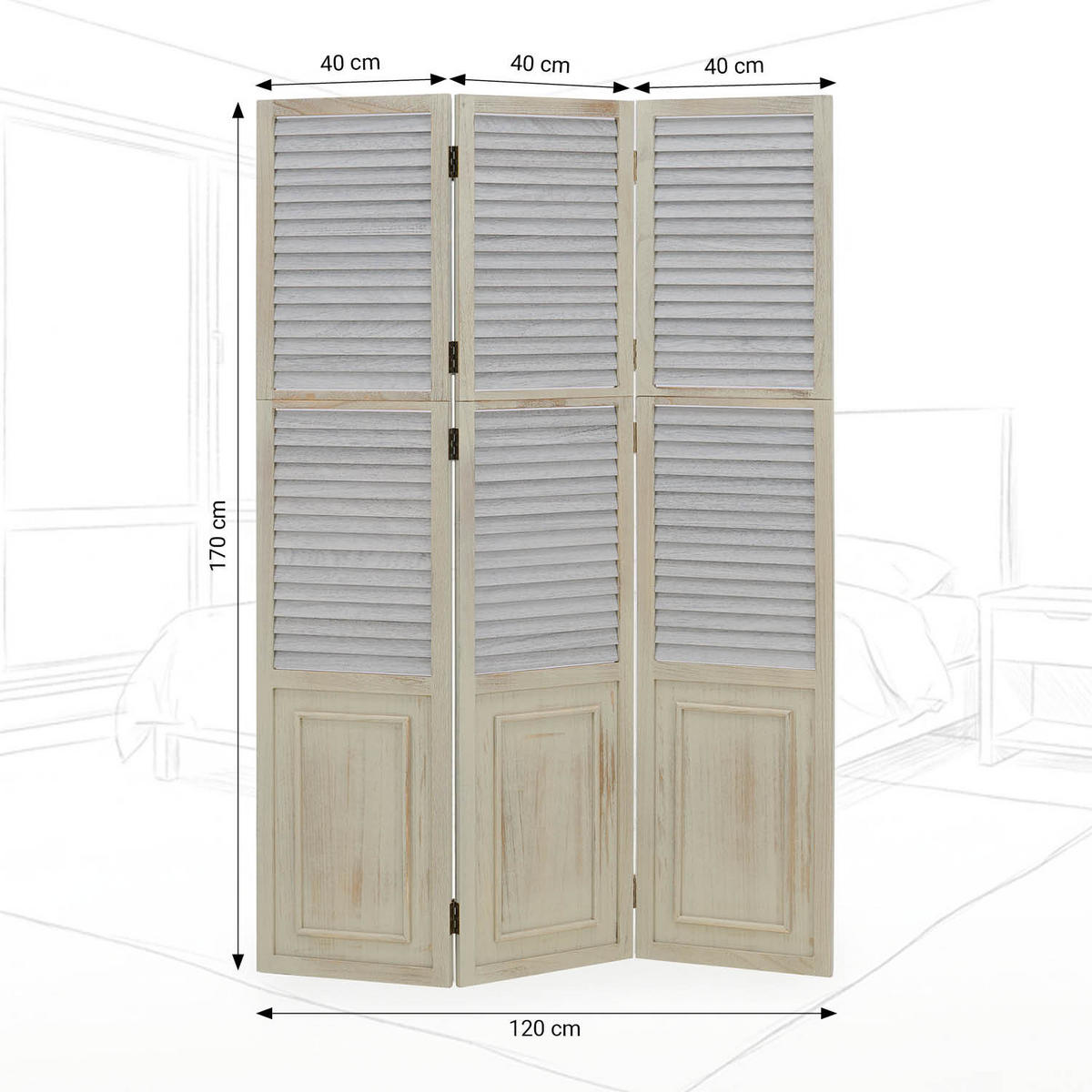 PARAVENT 3-tlg. 120/170 cm Weiß shabby washed - Weiß, Holz (120/170/2cm) - Homestyle4u
