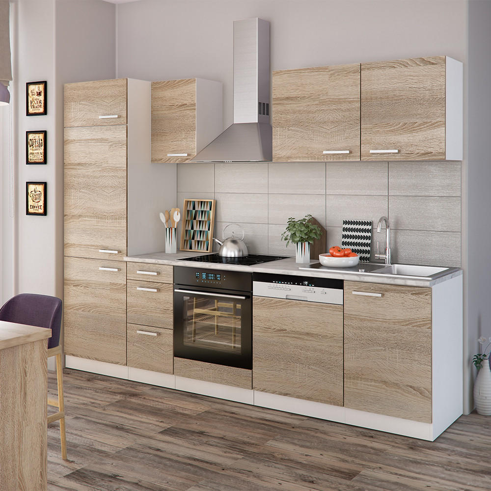 KÜCHENZEILE Optima Sonoma 270 cm ohne AP - Weiß/Sonoma Eiche, Holzwerkstoff (270/81.6/46cm) - Vicco