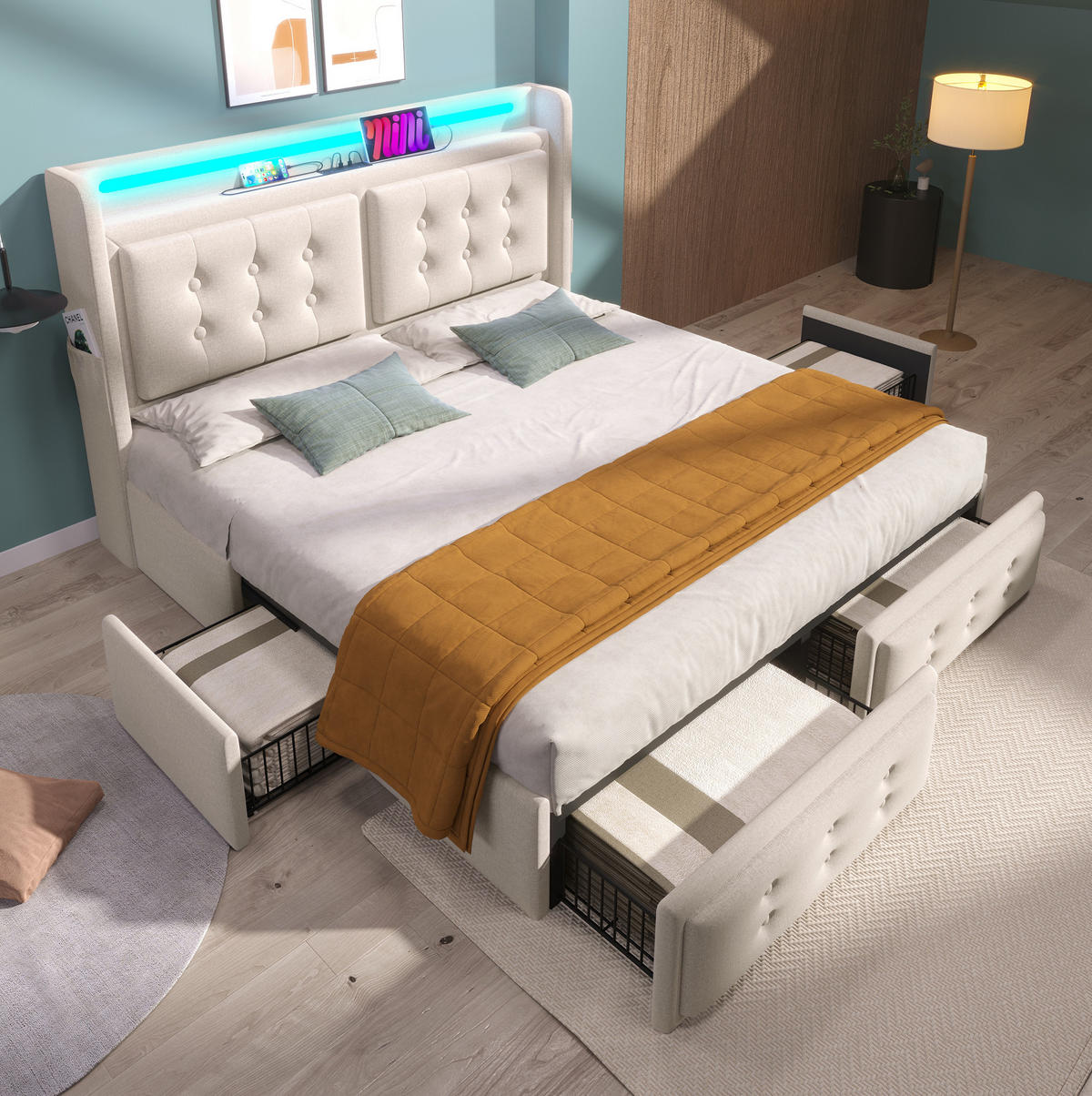 POLSTERBETT mit Matratze 160/200 cm mit LED, USB-C, Steckdosen, 4 Schubladen und Matratze, Baumwoll-Leinen, Beige - Beige, Textil (160/200cm) - Redom
