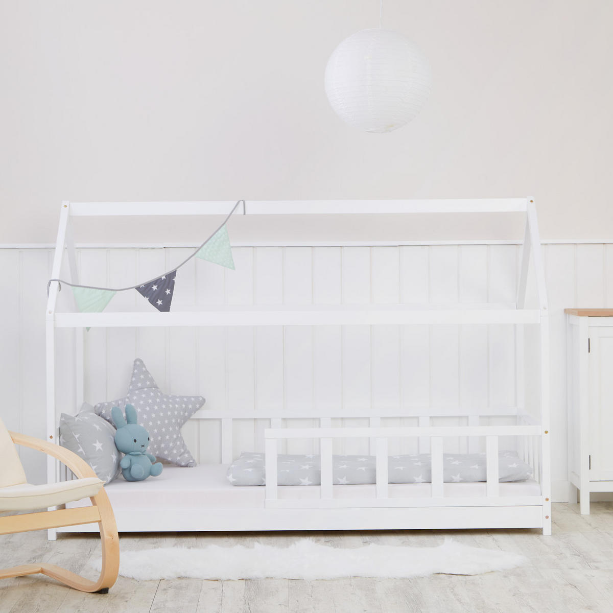 HAUSBETT 90/200 cm in Weiß mit Lattenrost Rausfallschutz - Weiß, Holz (90/200cm) - Homestyle4u