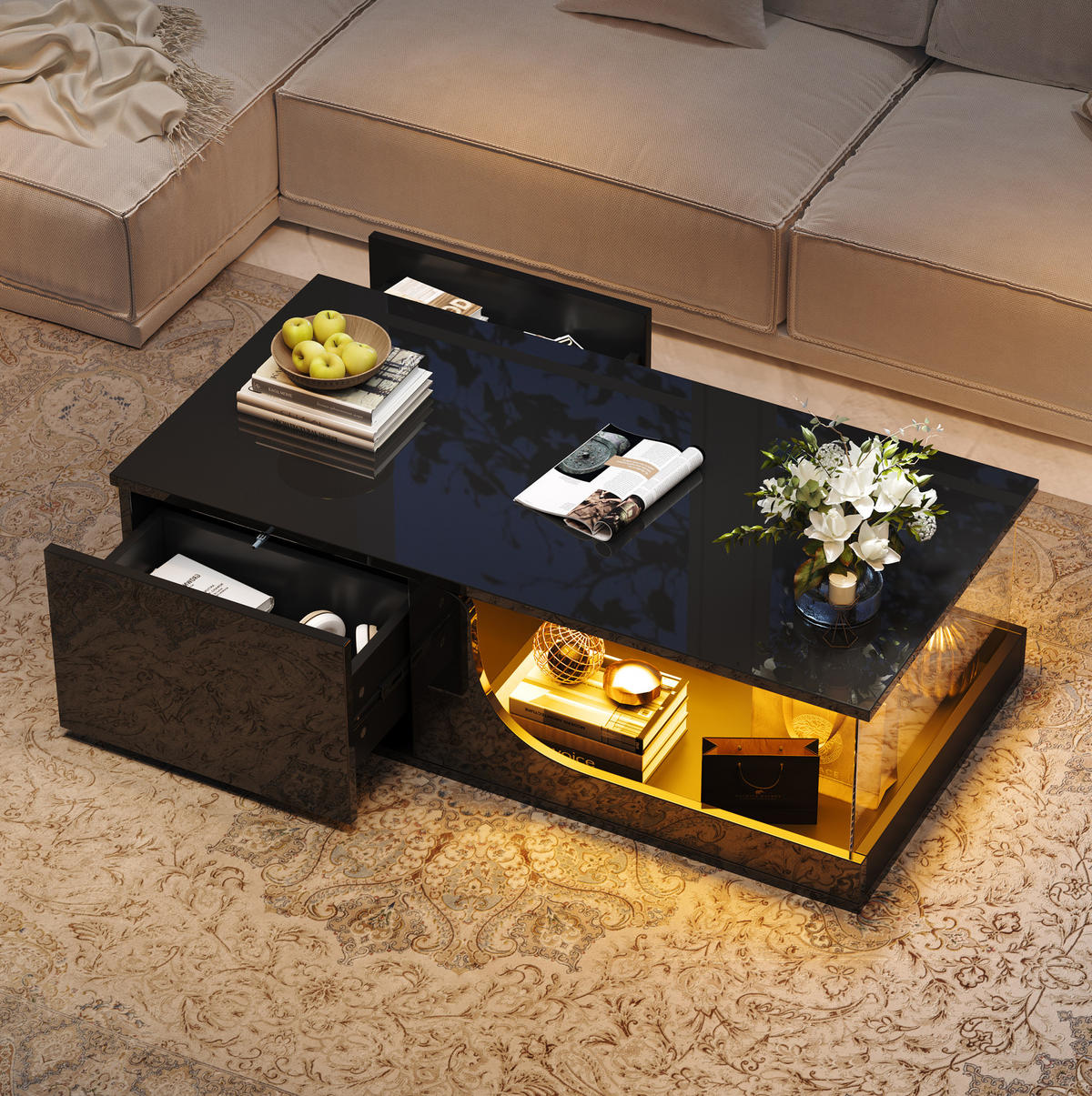 COUCHTISCH 100/50/30 cm schwarz mit 2 Schubladen und LED-Beleuchtung - Schwarz, Holzwerkstoff (100/50/30cm) - OKWISH