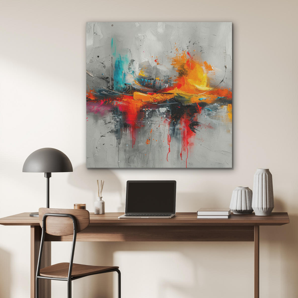 AKUSTIKPANEEL Moderne Kunst - Orange - Grau - Abstrakt 90x90 cm - Hellgrau, Textil (90/0.9/90cm) - MuchoWow