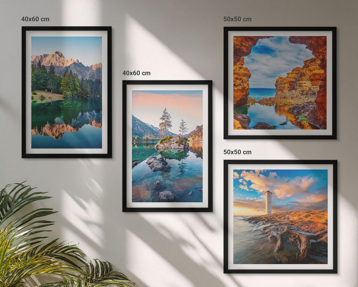 WANDBILDER 4er-Set - 50x50 cm & 40x60 cm Schwarzer Rahmen - Spiegelung der Felsen in Bergseen - Schwarz, Kunststoff (50/50cm) - ArtPrintCave