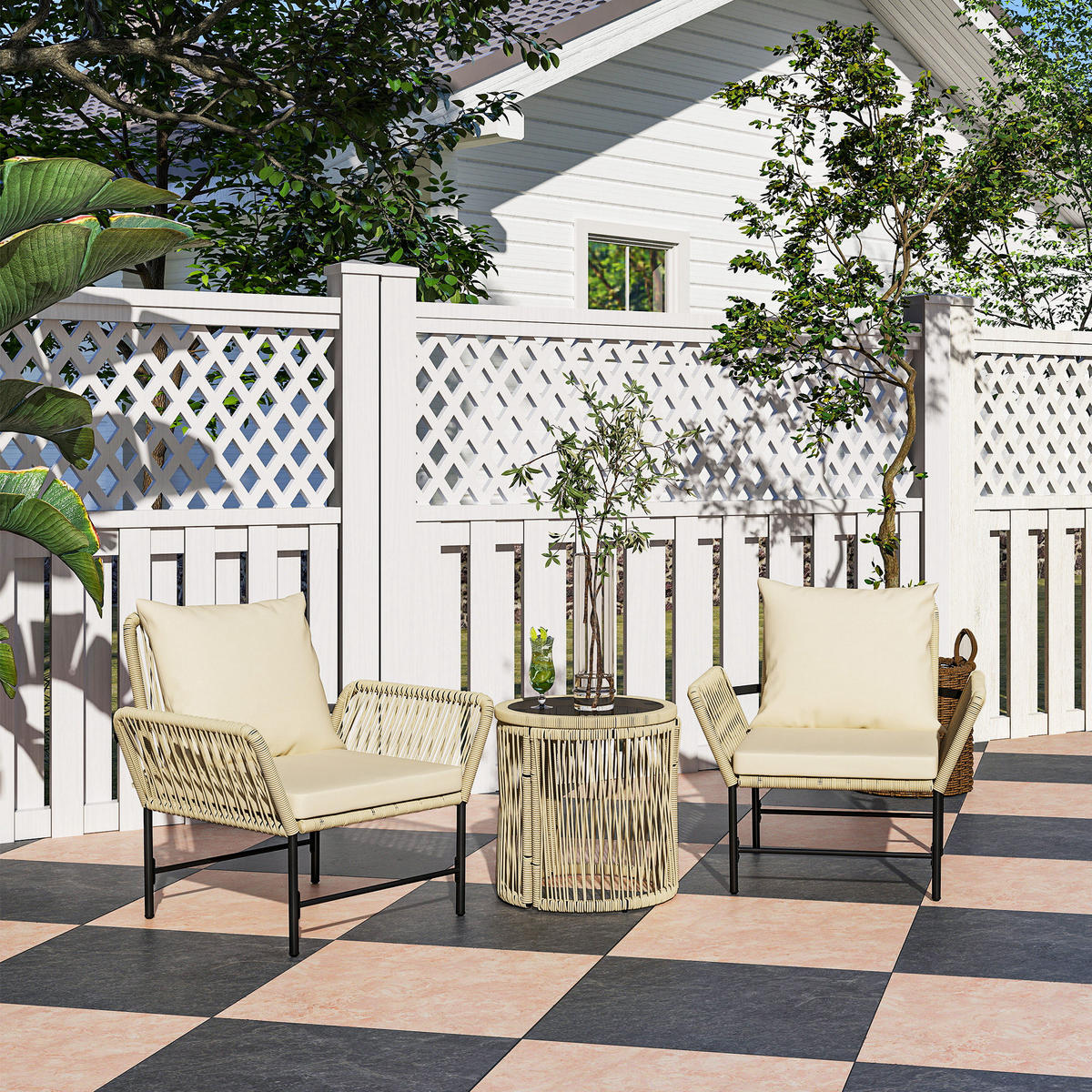 POLYRATTAN Gartenmöbel Set, Outdoor Lounge Balkonmöbel für 2 Personen Khaki - Beige/Schwarz, Textil/Metall - Outsunny