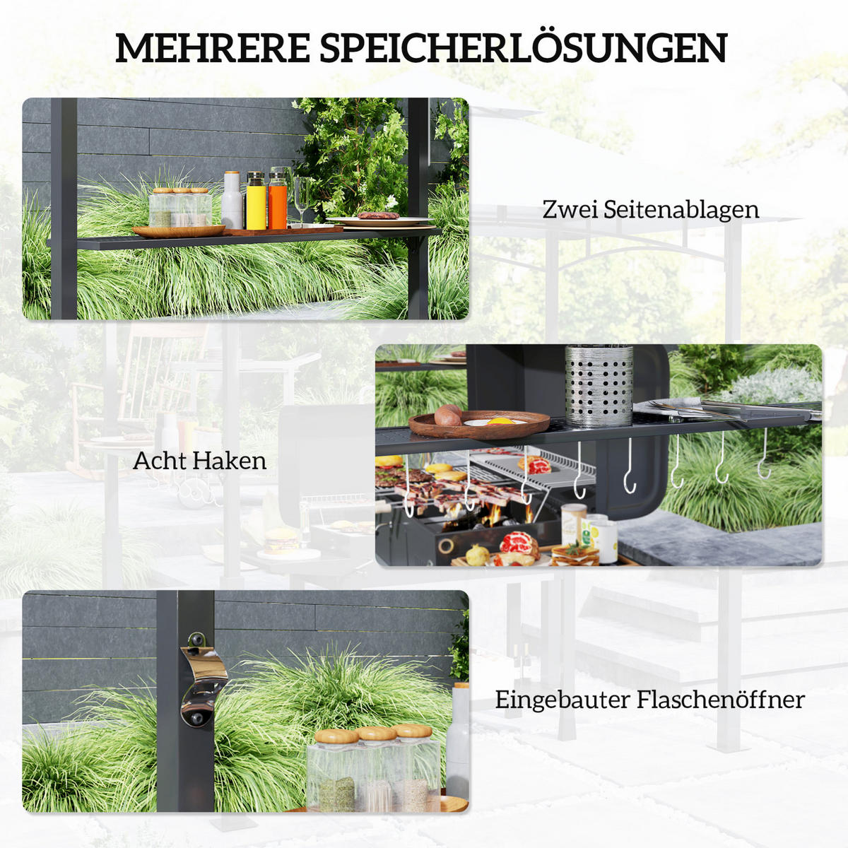 PERGOLA Grillpavillon 243/148/248 cm aus Metall mit Doppeldach und LED-Licht Dunkelgrau - Dunkelgrau, Metall (243/248/148cm) - Modenvie