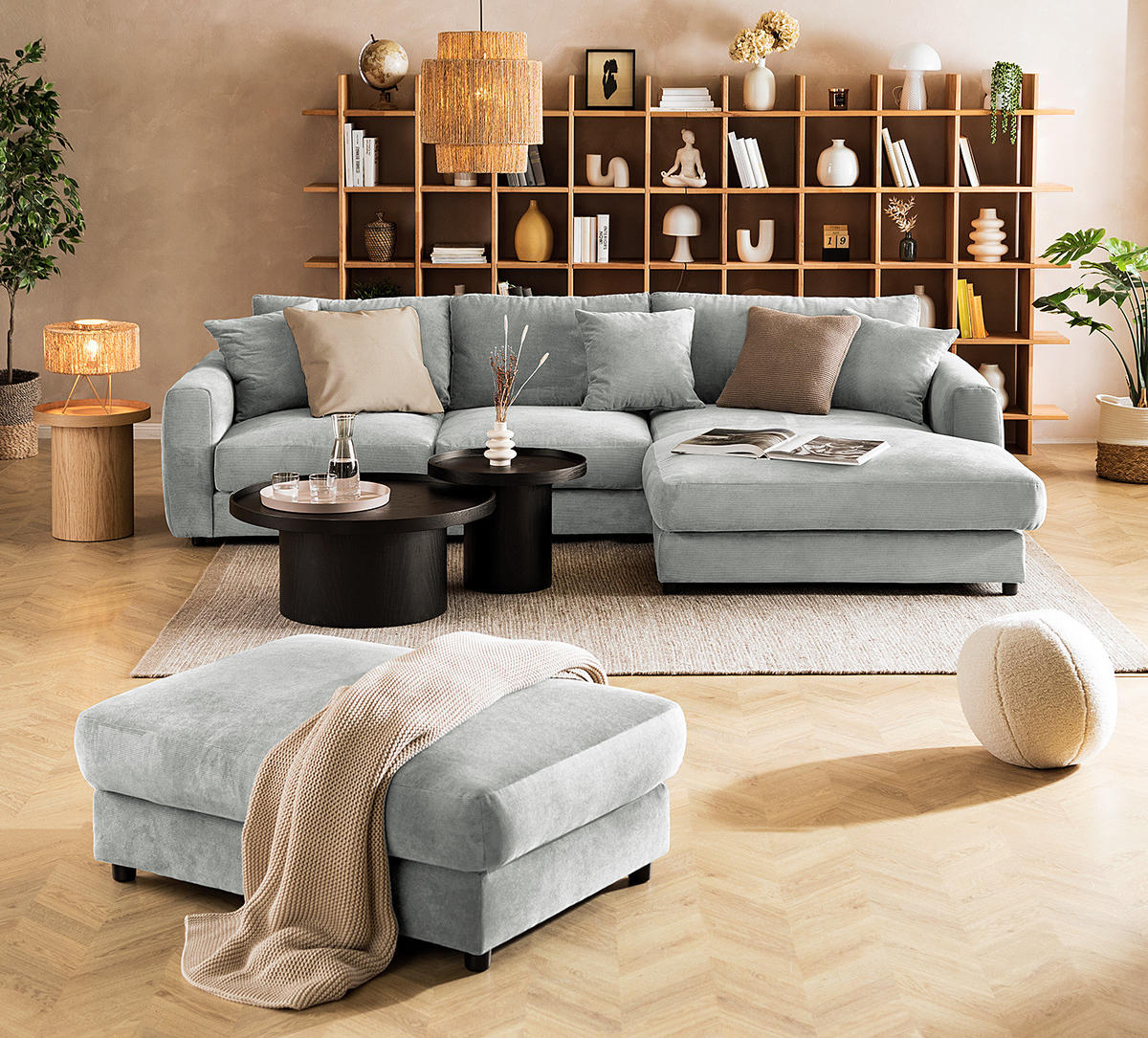 ECKSOFA mit Longchair - Schwarz/Grau, Holz/Kunststoff (286/183cm) - home24