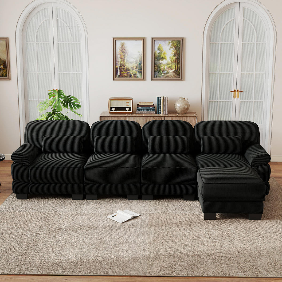 ECKSOFA 4-Sitzer L-Form mit Hocker, DE-42659, Schwarz - Schwarz, Holz (336/161cm) - ComfortXL