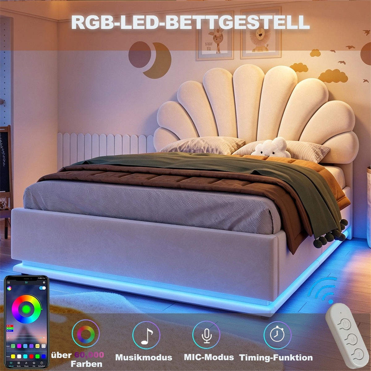 POLSTERBETT 140x200 cm mit Blüten-Kopfteil - LED Beleuchtung & hydraulischem Stauraum - Beige - ohne Matratze - Beige, Textil (140/200cm) - DELFA