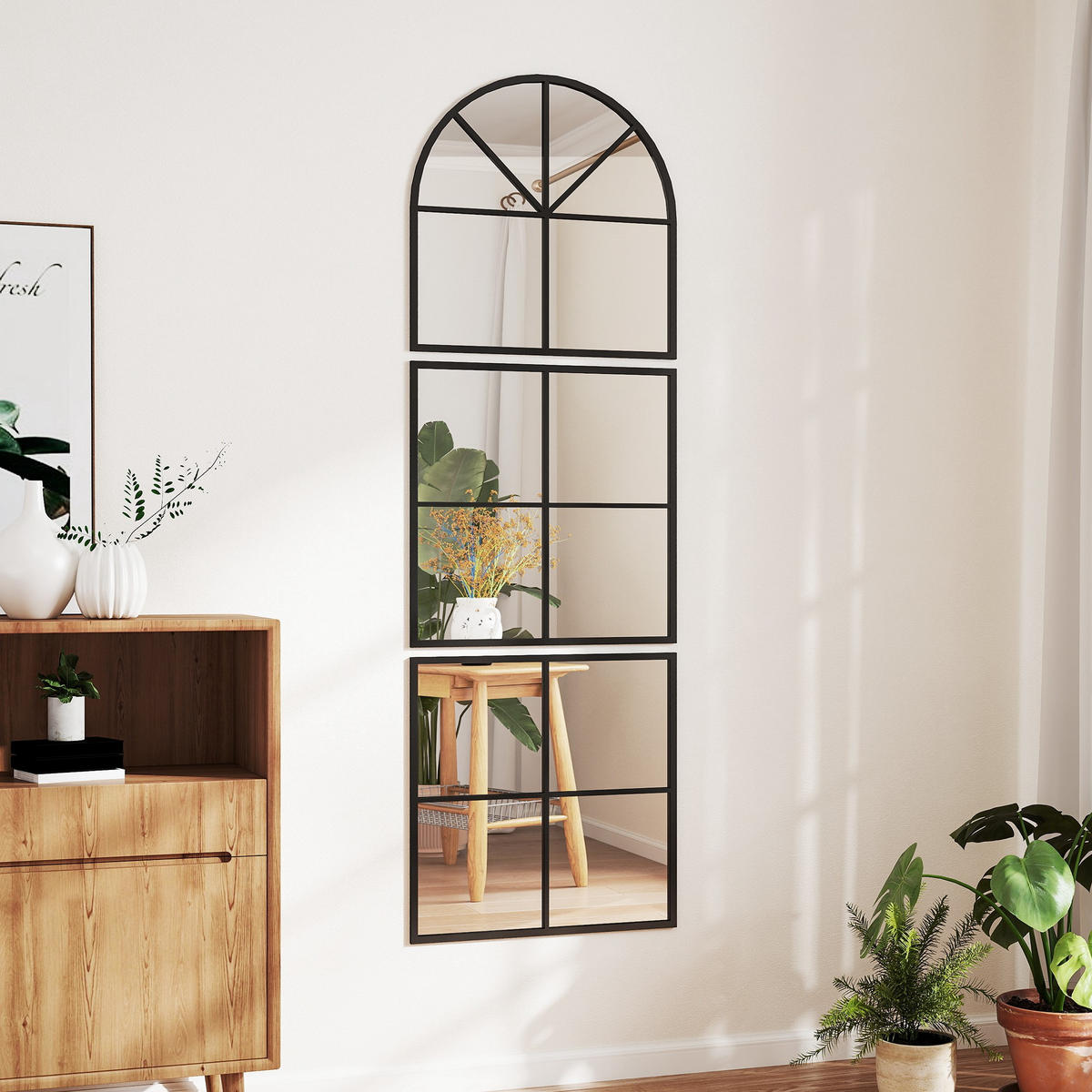 WANDSPIEGEL dreiteilig, bogenförmiger Spiegel mit Metallrahmen Hängespiegel - Schwarz, Glas (2/180/60cm) - HOMCOM