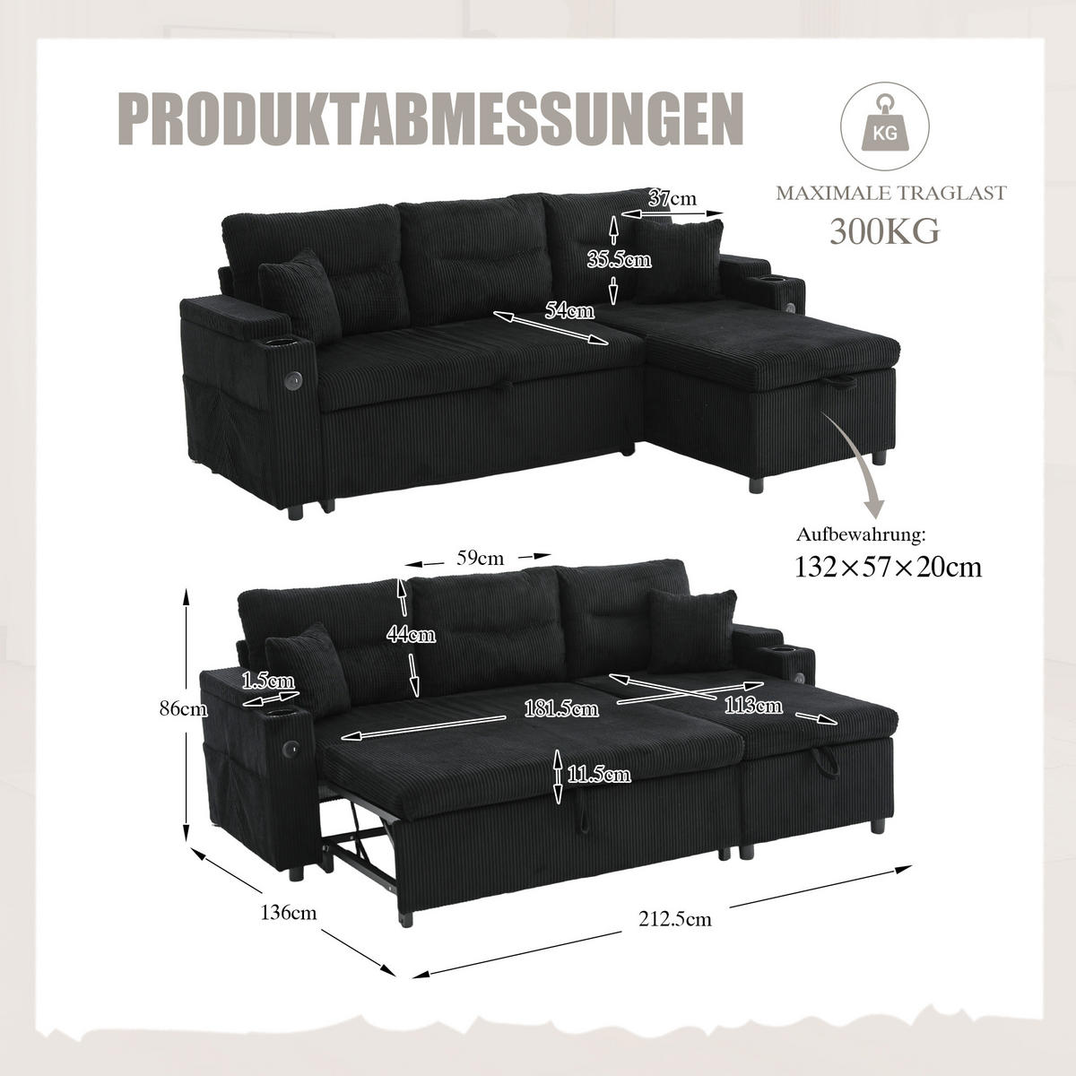 3-SITZER Eckschlafsofa Cord mit Stauraum und USB-Anschluss Schwarz 212,5/136/86 cm - Schwarz, Textil (136/212.5cm) - Redom