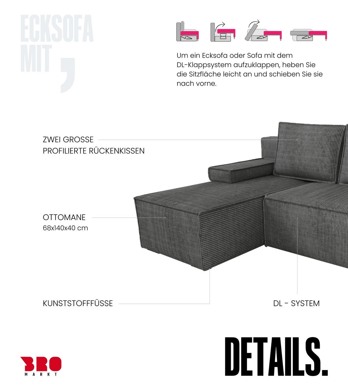 ECKSOFA Caspar mit Schlaffunktion Grau Cord - Dunkelgrau, Textil (200/141cm) - Bromarkt