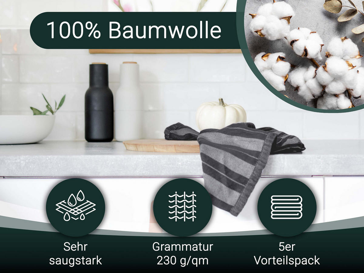 GESCHIRRTÜCHER, 5er-Set, 100% Baumwolle - Anthrazit, Textil (50/70cm) - Zollner