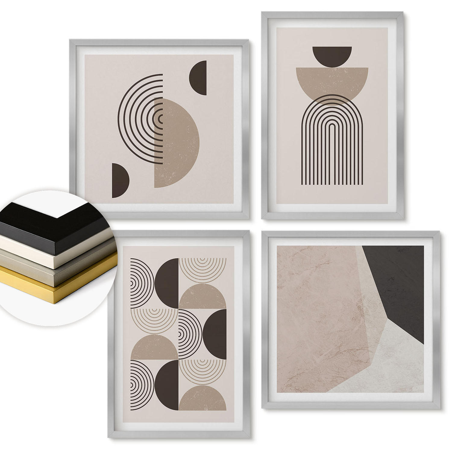 WANDBILDER 4er Set - 50x50 cm & 40x60 cm Silberner Rahmen - Abstrakte geometrische Muster - Silberfarben, Kunststoff (50/50cm) - ArtPrintCave