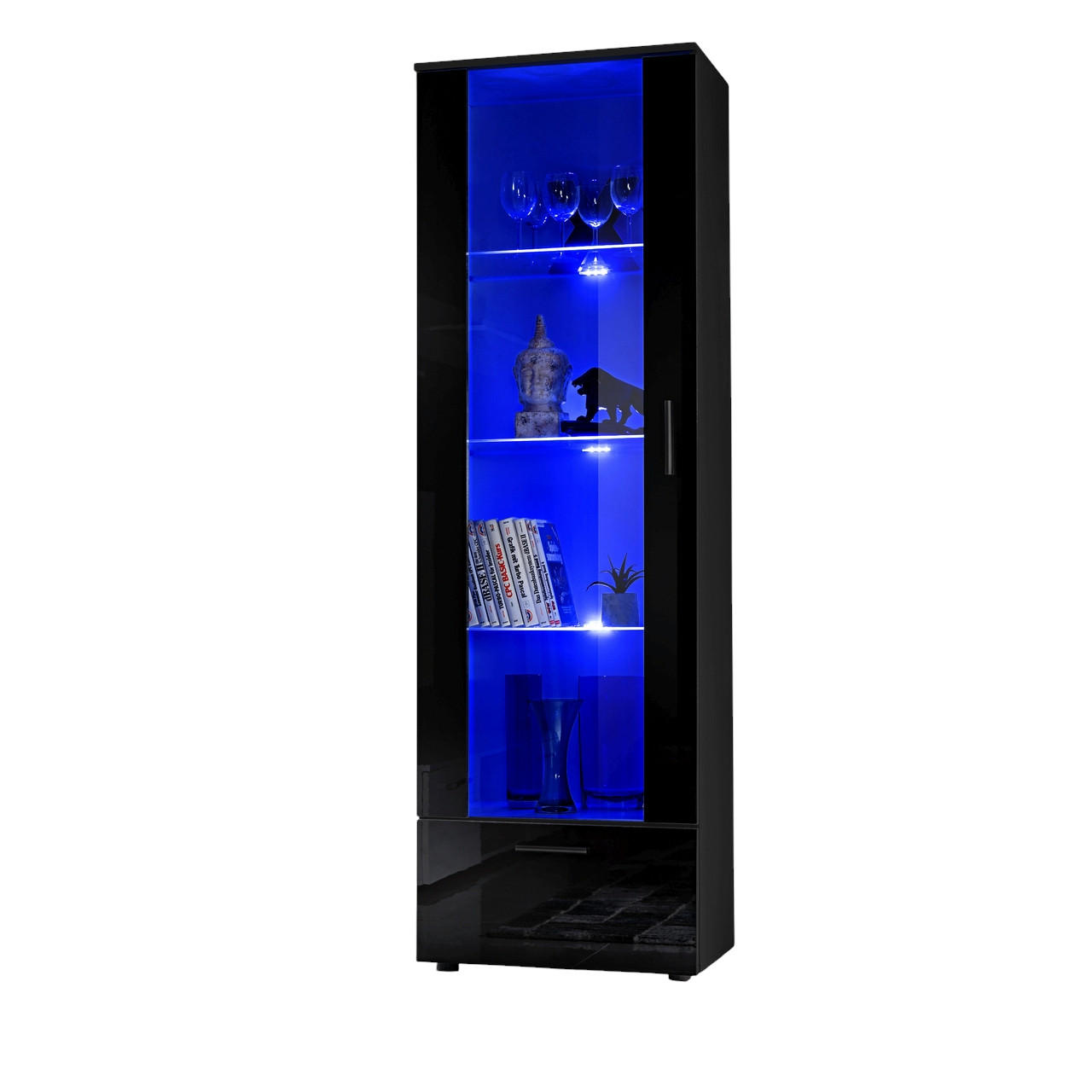 VITRINE ALESSANDRIA, Schwarz, LED Blau - Schwarz, Glas/Holzwerkstoff (60/192/42cm) - Komodee