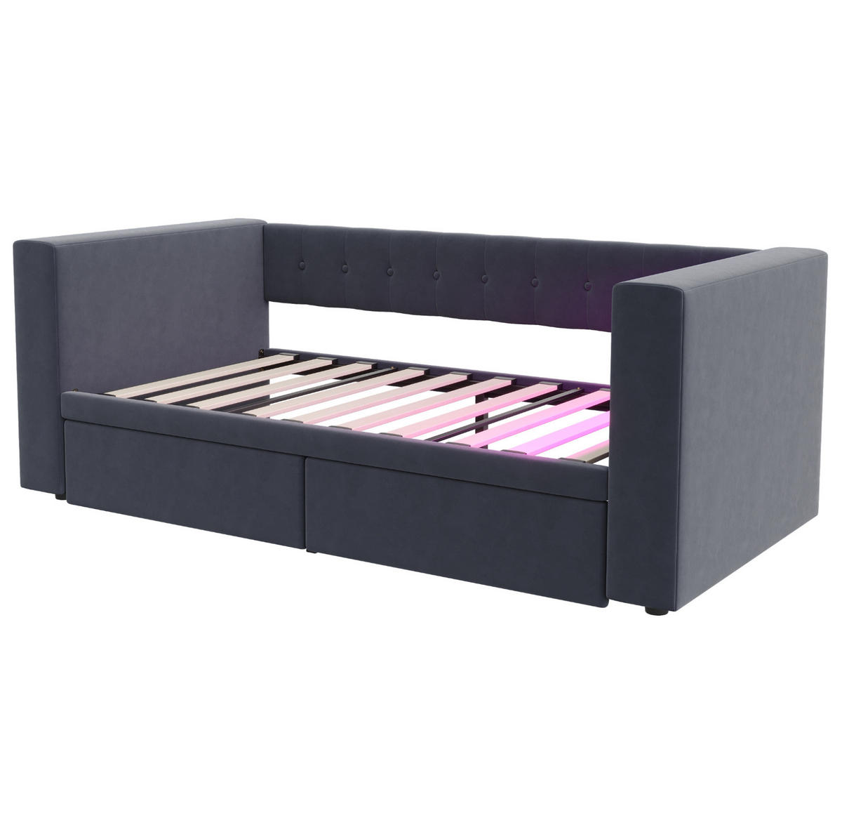 POLSTERBETT aus Flanellstoff 90x190 cm Dunkelgrau mit LED-Beleuchtung, Steckdose und 2 Schubladen - Dunkelgrau, Textil (90/190cm) - Modfu