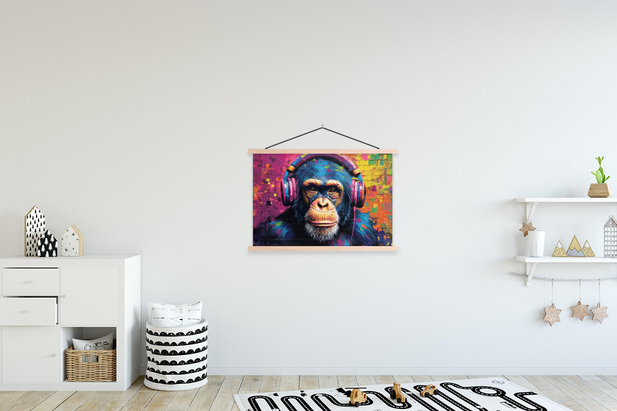 POSTER Graffiti - Schimpanse - Straßenkunst - Kopfhörer - Affe 90x60 cm - Blau, Textil (90/60/0.15cm) - MuchoWow