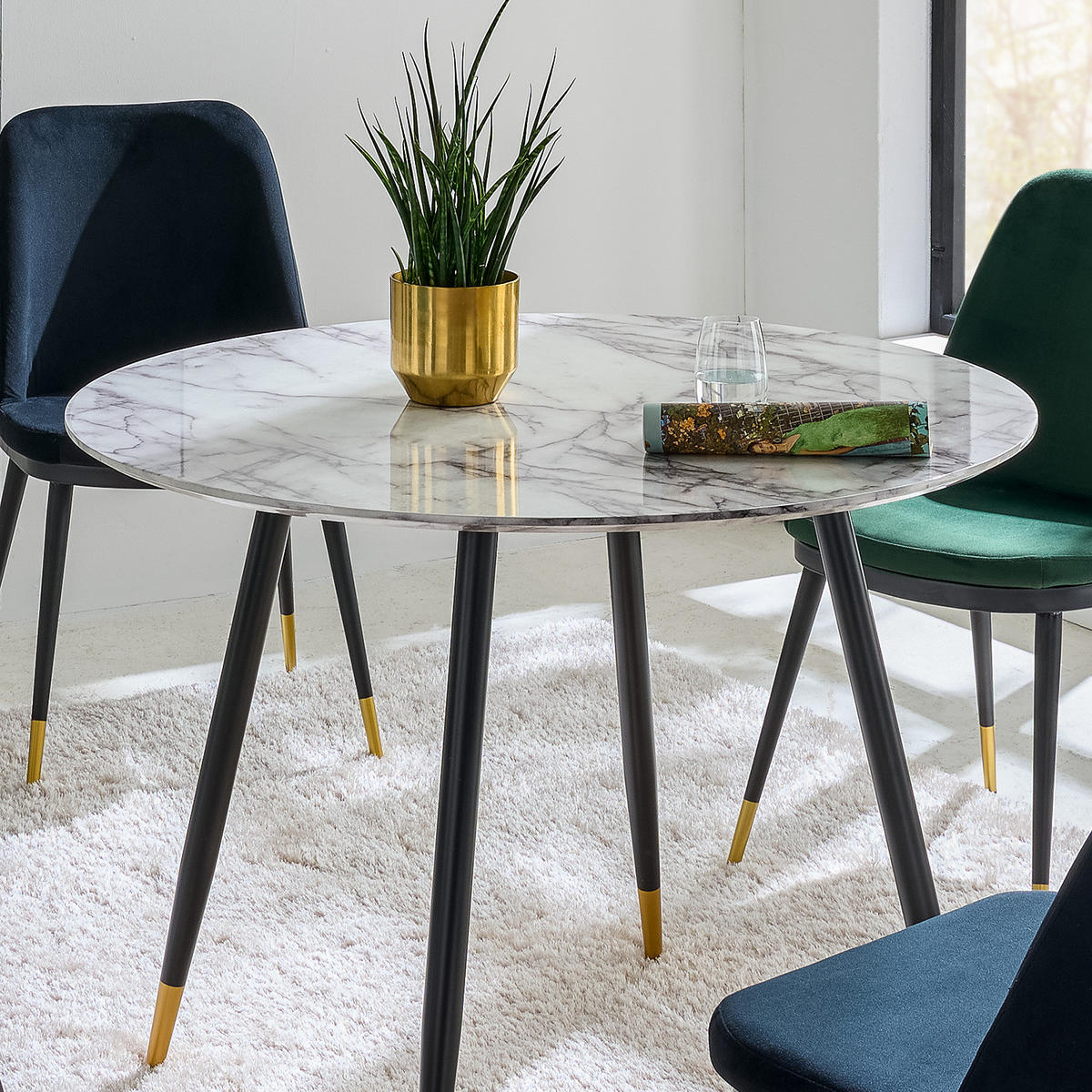 ESSTISCH - Marmor Weiß Dekor / Schwarz & Gold - Weiß, Holzwerkstoff/Metall (100/100/75cm) - home24