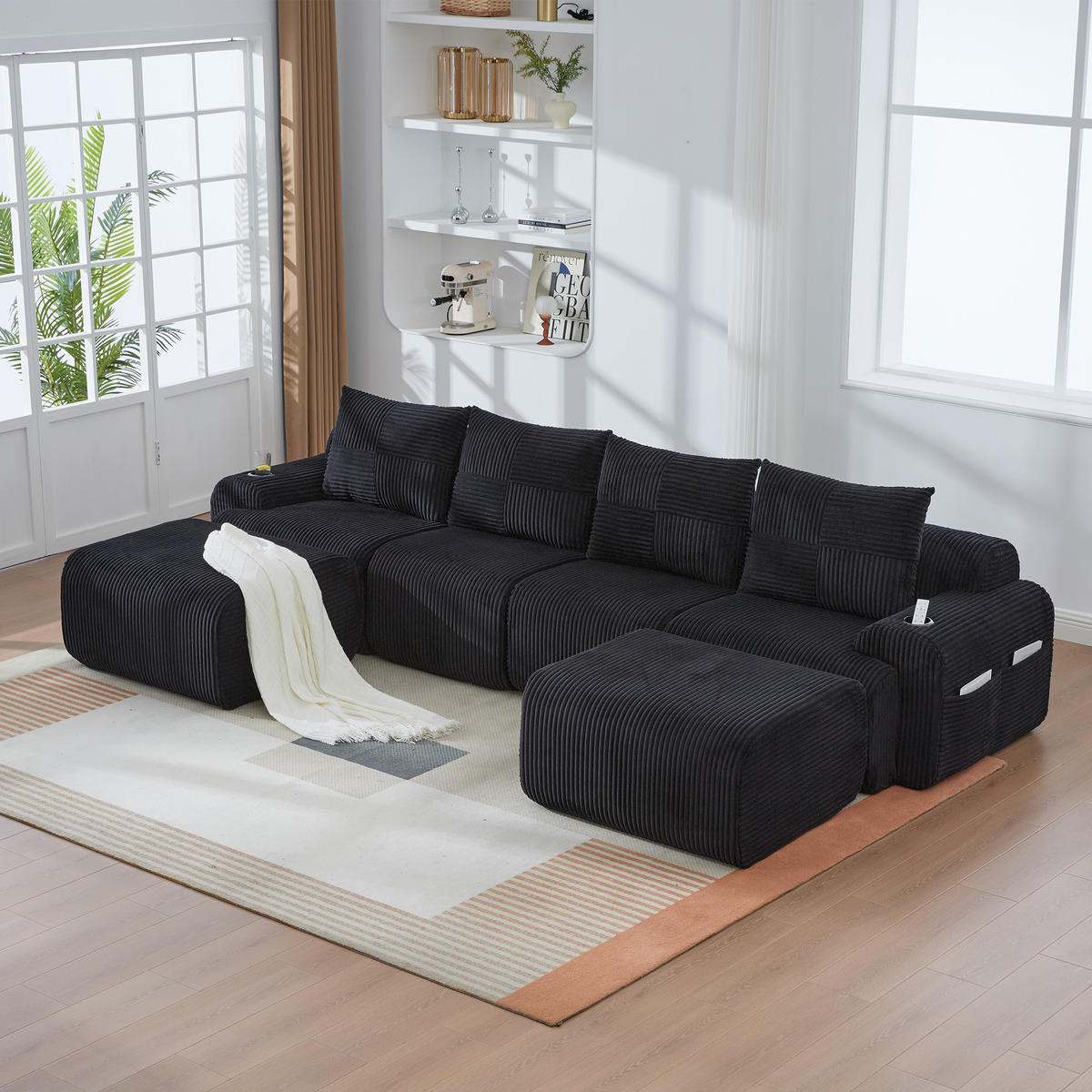 WOHNLANDSCHAFT Cord Schwarz mit 2 Hockern, Getränkehalter und Aufbewahrungstasche - Schwarz, Textil (333/80/174cm) - WISHDOR